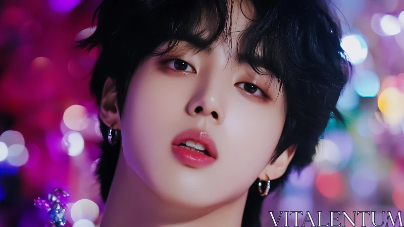 Close-up portrait of androgynous model with neon lights.