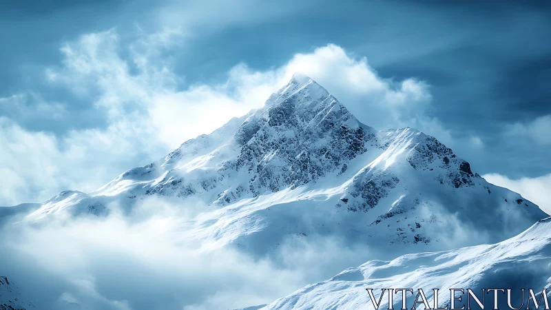 Snow peak rising through swirling alpine cloud veil.