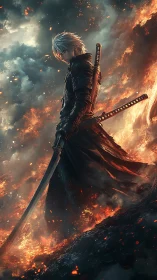 Ember-lit swordsman pauses as molten storm curls around him