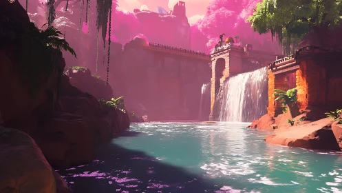 Neon canyon waterfall sanctuary beneath a forgotten bridge.