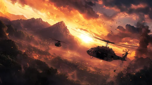 Military helicopters over burning jungle at sunset.