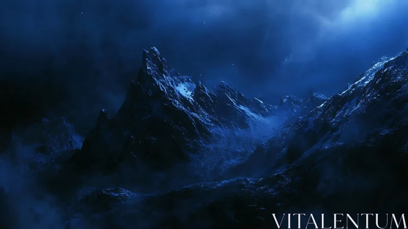 Midnight blue mountains wrapped in mysterious starlit mist.