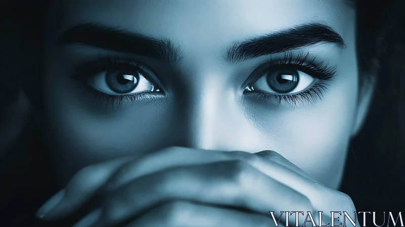 Intense Close-Up of Blue-Eyed Woman in Dramatic Monochrome Style.