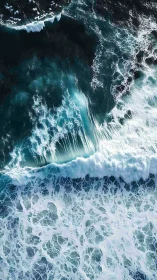 High-energy breaking ocean wave captured in vertical aerial view
