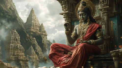 Serene goddess statue seated before ancient stone temples.