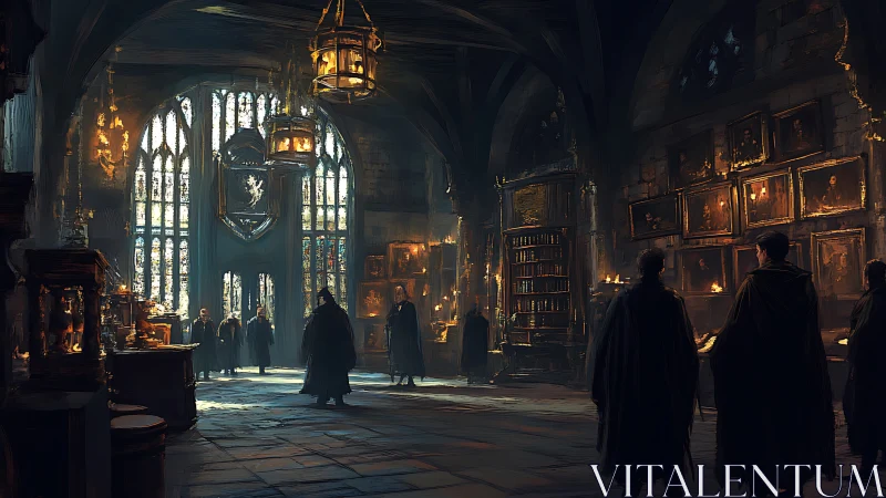 Interior view shows cloaked figures in a medieval great hall