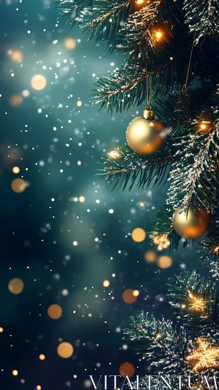 Photorealistic vertical Christmas tree with golden ornaments.