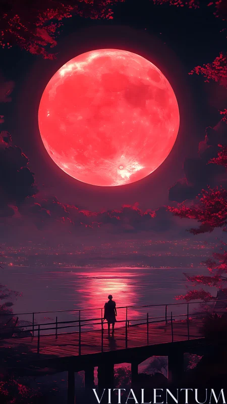 Solitary figure contemplates a vast crimson supermoon