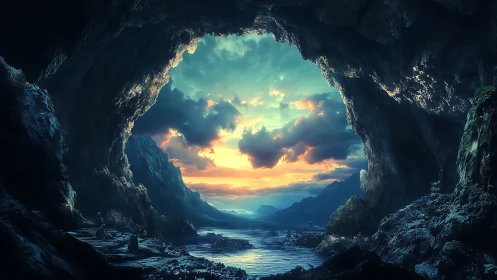 Coastal cavern vista framing luminous cinematic sunset sky.