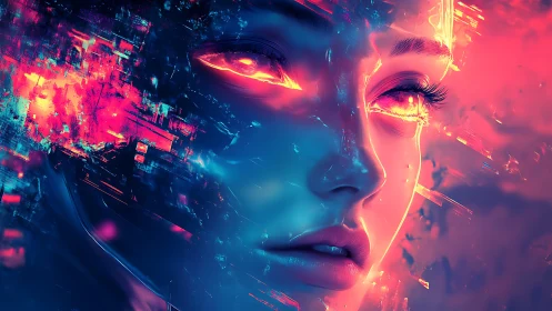 Neon dream construct with blazing eyes in digital twilight.