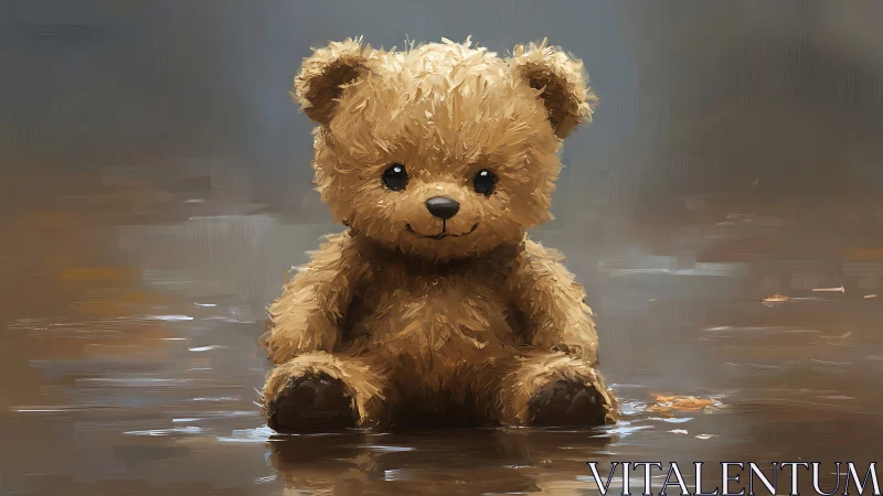 Soft teddy bear resting in reflective rain puddles.