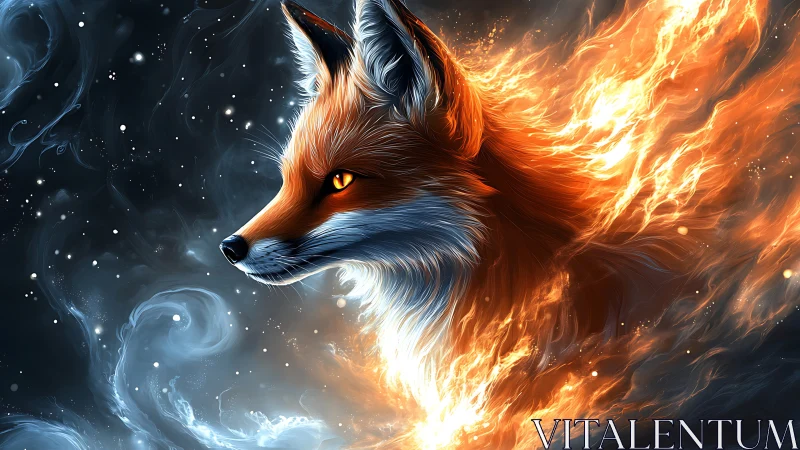 Starlit ember fox streaking through frost and cosmic fire.