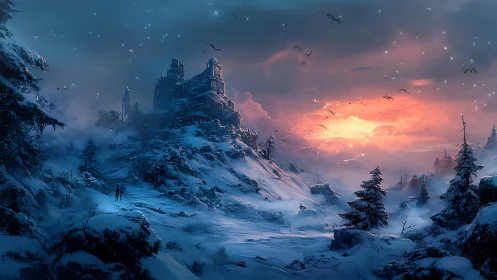 Snowbound castle above glowing horizon at sunset.