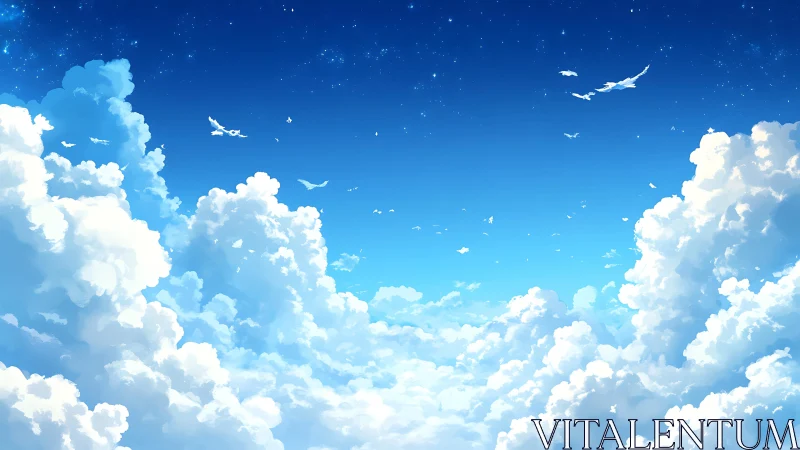 Sunlit anime sky with soaring clouds and distant birds.