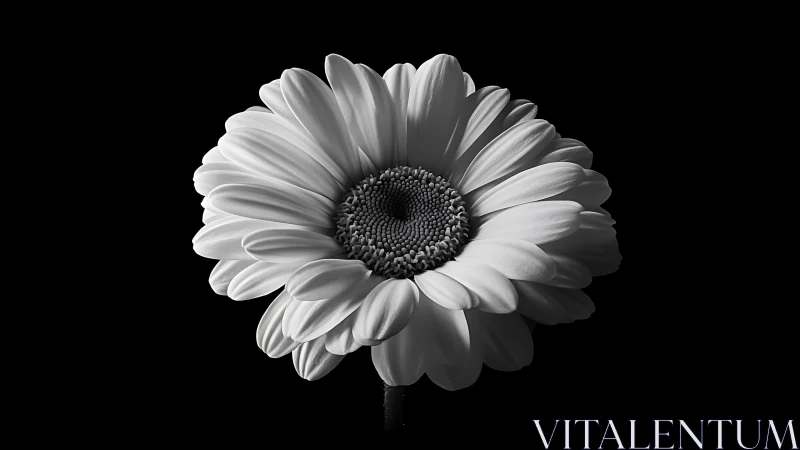 Gerbera Daisy in Monochrome Against Black Background.