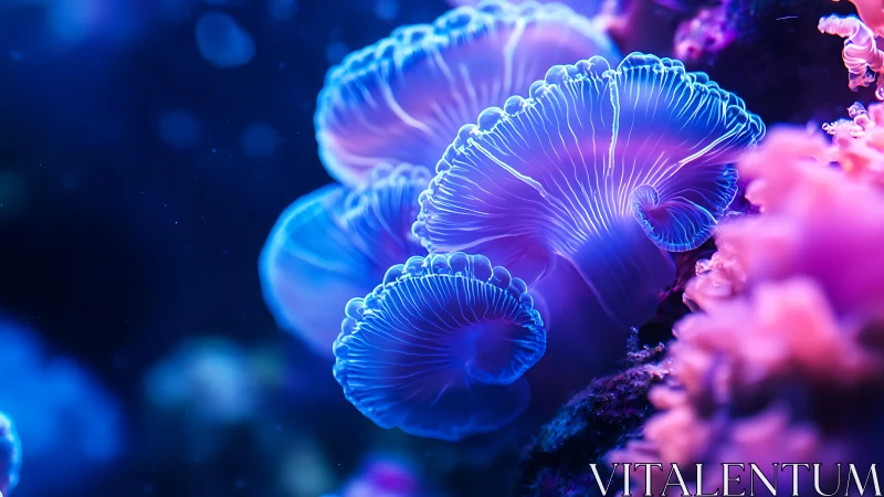 Glowing blue coral polyps in vivid underwater closeup.