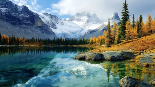 Mountain lake with autumn forest and snowy peaks reflection.