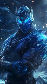 Armored ice warrior stands in glowing frozen battlefield