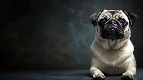 Studio-lit pug portrait with high-contrast optical detailing.