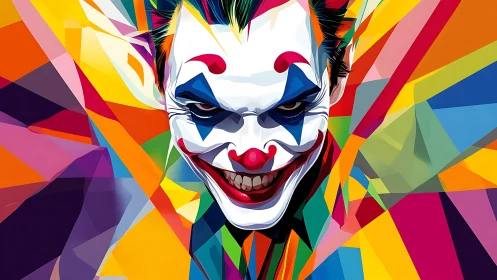 Clown face is rendered in angular, multicolored polygons