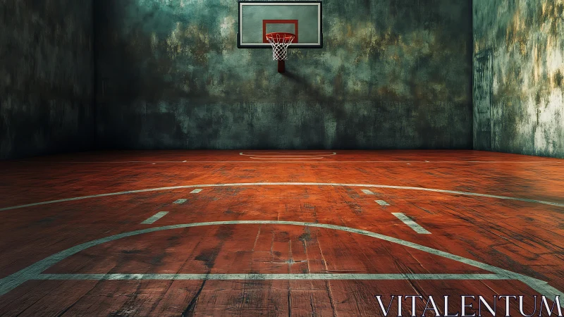 Indoor basketball court with worn floor and single hoop.