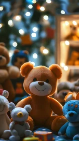 Orange teddy bear sits among toys under warm festive lights