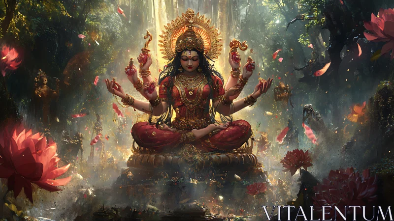 Radiant forest goddess in peaceful, lotus-filled meditation.