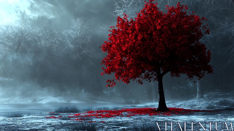 Solitary red tree stands in frosted landscape under mist