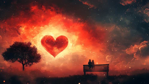 Couple on Bench Beneath Luminous Heart Sky