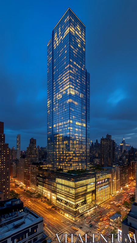 Glass skyscraper over city streets at blue hour in dusk.