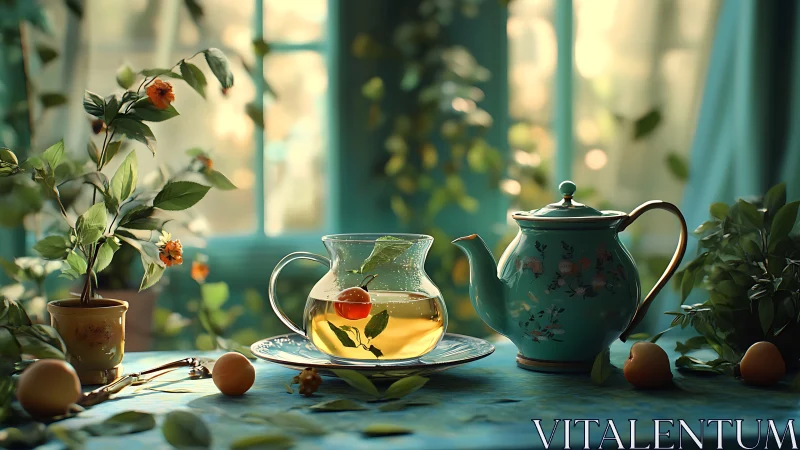 Sunlit turquoise teapot still life with herbal glass infusion