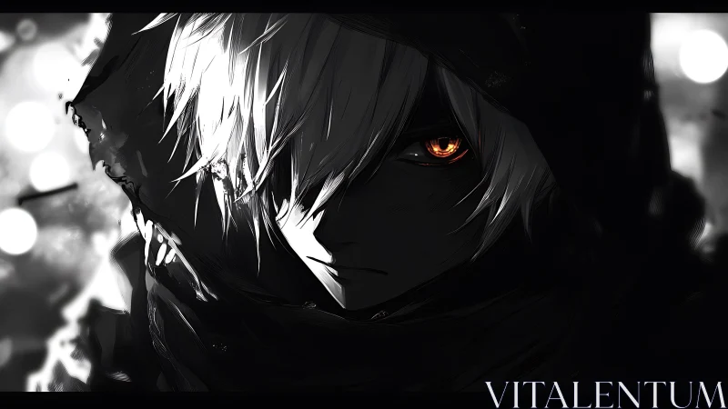 Hooded silver‑haired figure with glowing ember eye in shadow.