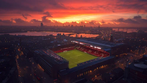 Sunset-lit football stadium dominates dense riverside cityscape