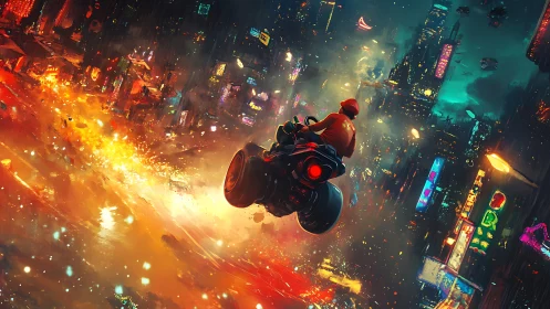 Motorcyclist moves through dense neon-lit futuristic cityscape