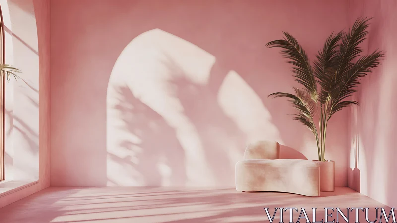 Minimalist pink lounge interior with sculptural sofa and palm.