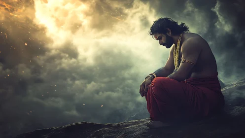 Meditative warrior rests beneath a storm-lit divine sky