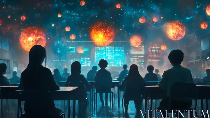 Futuristic classroom silhouettes under luminous cosmic orbs.