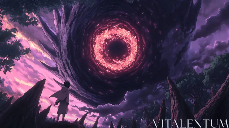 Stargazer beneath the swirling twilight vortex sky.