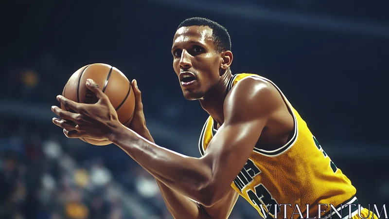 Focused basketball player prepares to shoot under arena lights