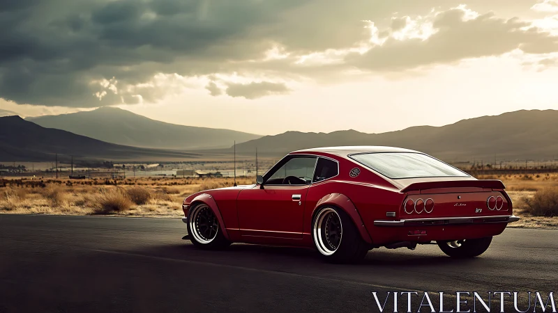 Sunlit classic red coupe on open desert highway at dusk.