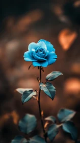 Blue rose glows softly against warm blurred garden bokeh.