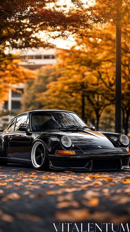 Sleek black sports car rests under glowing autumn trees