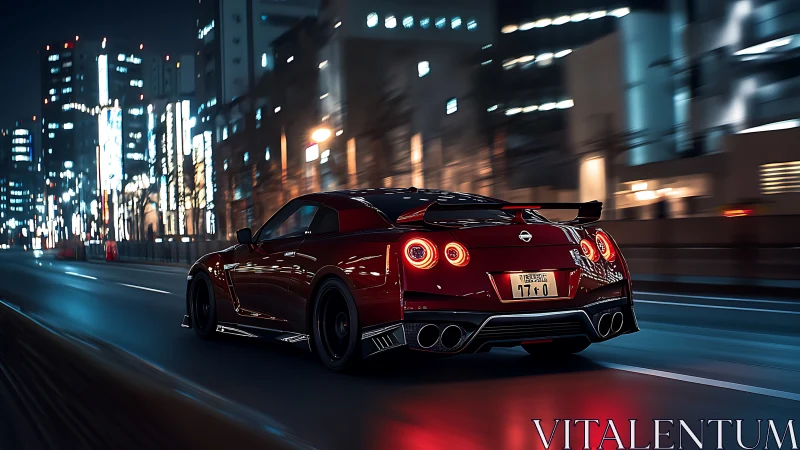 Red sports car accelerates through neon city street