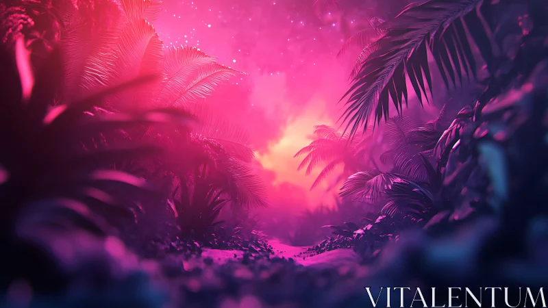 Neon lit jungle path recedes toward bright glowing horizon
