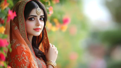 Bride in orange dupatta beside blurred garden blooms.