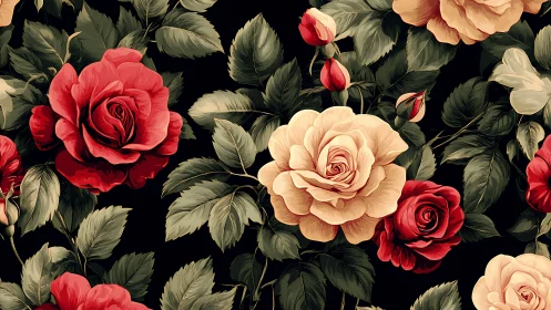 Botanical Composition: Red and Blush Roses Against Deep Charcoal.