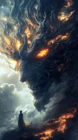 Colossal firestorm titan looms above lone cloaked figure.