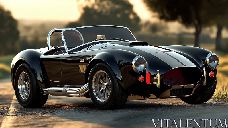 Classic black roadster under warm sunset rim lighting.