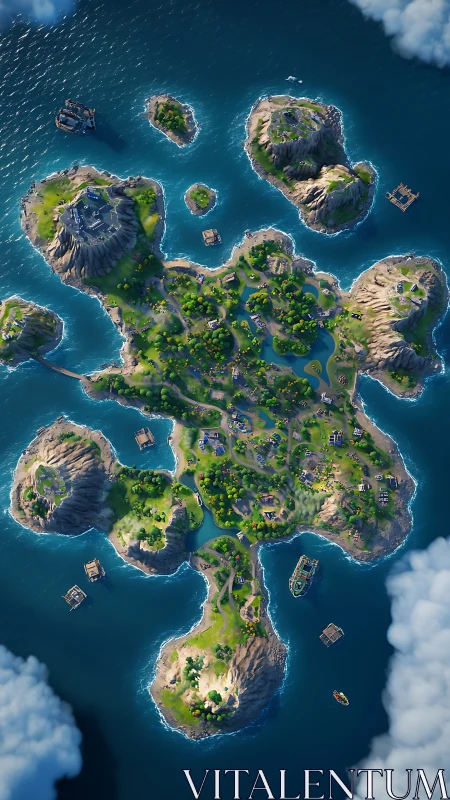 Aerial Archipelago Development: Multi-island Coastal Community with Surrounding Maritime Infrastruct