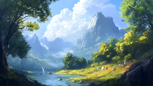 Sunlit mountain valley welcomes a quiet, sparkling river